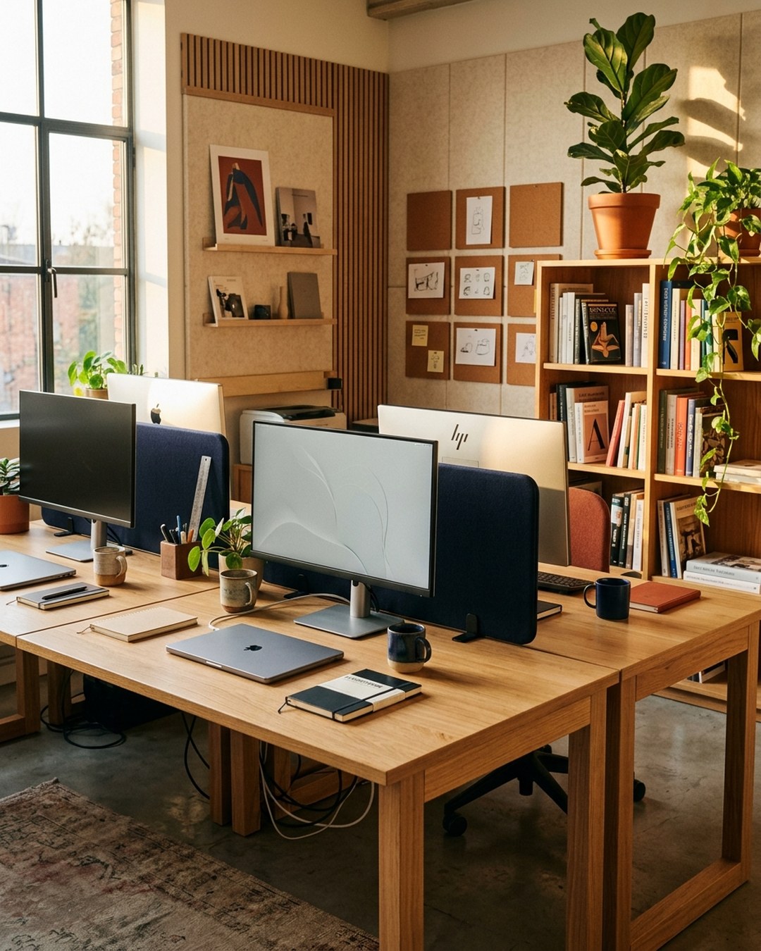 Een werkeiland in een Vlaamse design-studio met warm hout, monitoren, boeken en planten, klaar om iemand te ontvangen voor een dag.