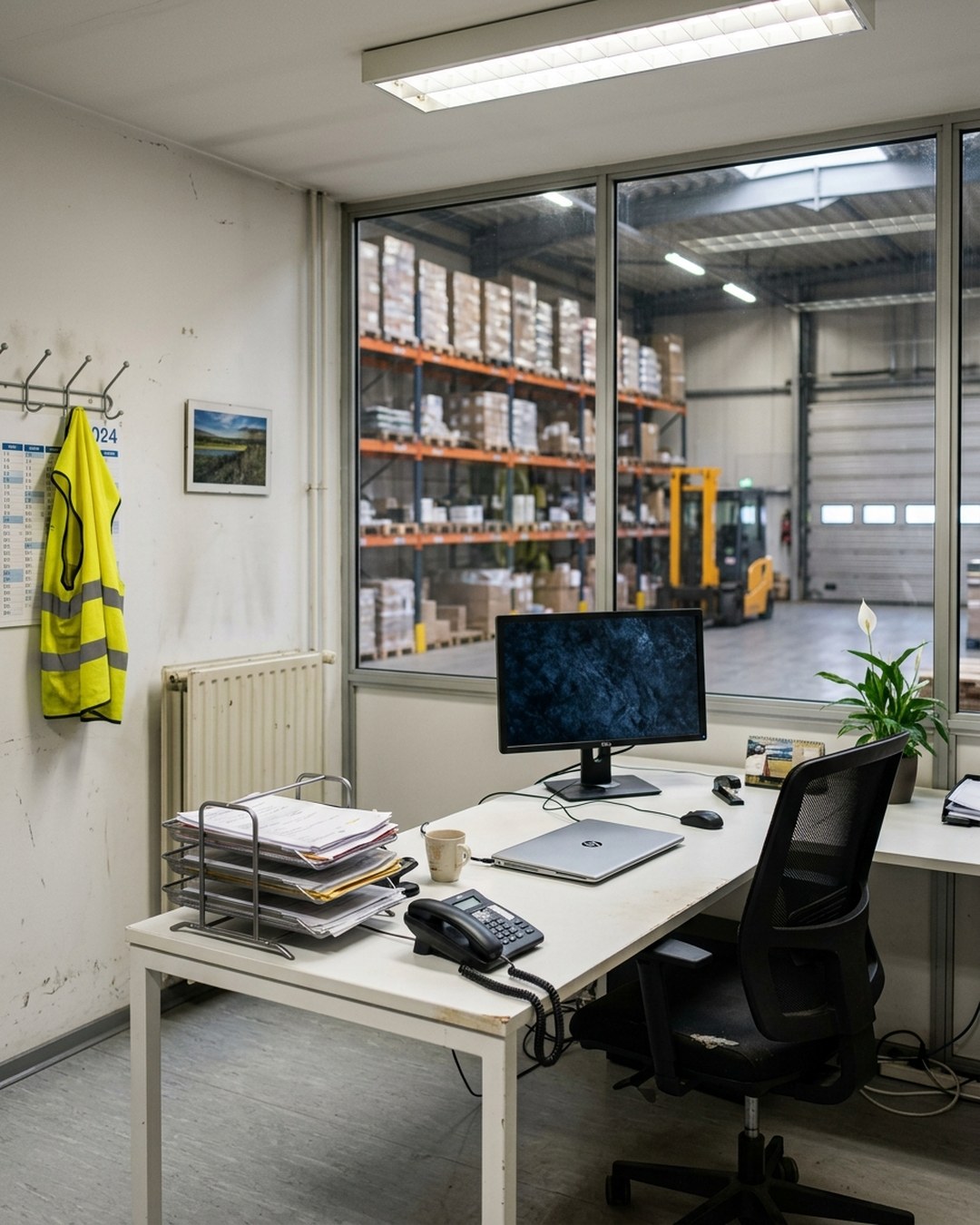 Een klein marketing-eiland in een Vlaams familiebedrijf met warm hout, twee bureaus, kurkbord en planten.