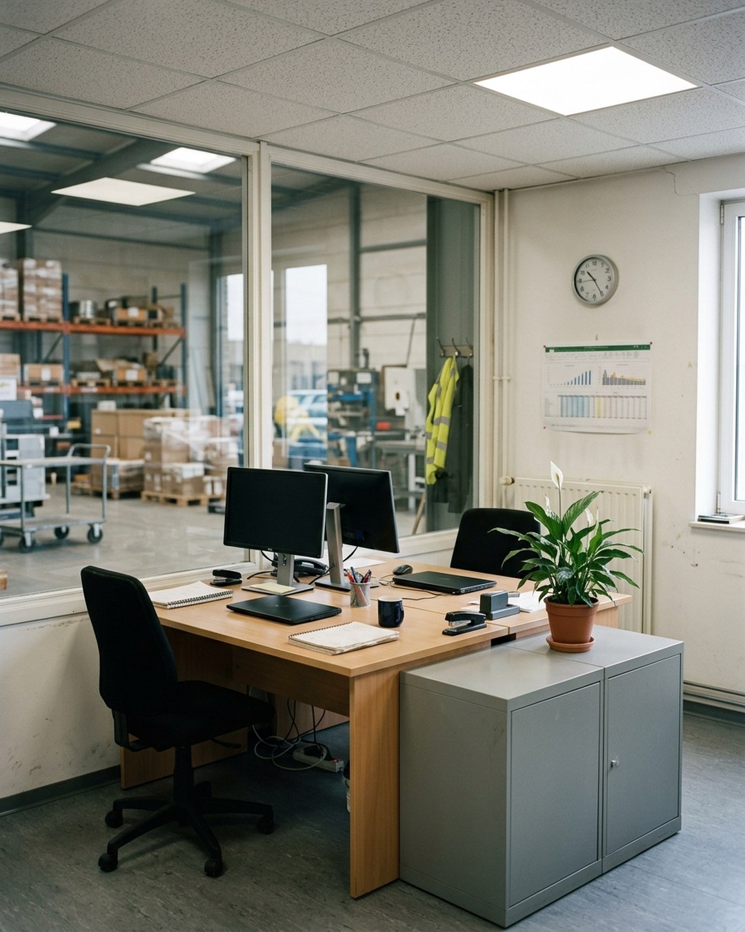 Een open marketing-team-werkruimte met een lege werkplek, een specialist die komt meekijken.