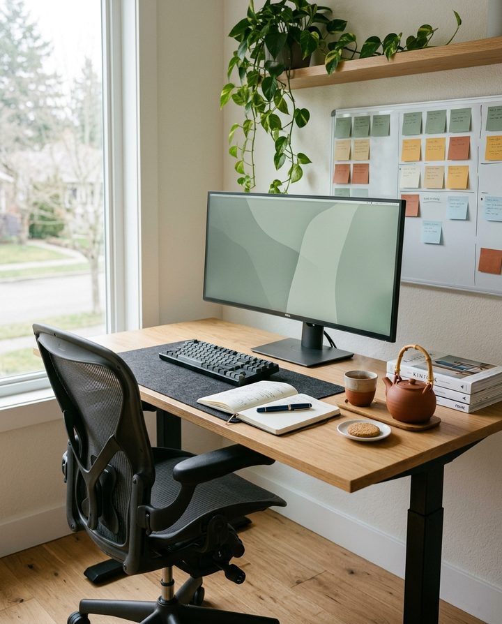 Een rustige thuiswerkplek met een staand bureau, theepot en post-its op een whiteboard.